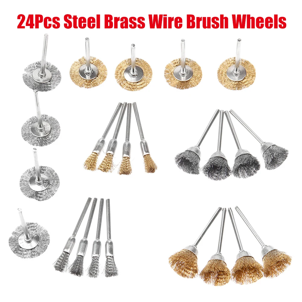 24pcs 25mm 15mm 5mm Steel Brass Wire Brush Wheels for metal surface cleaning, grinding, dusting, deburring, Polishing Tools