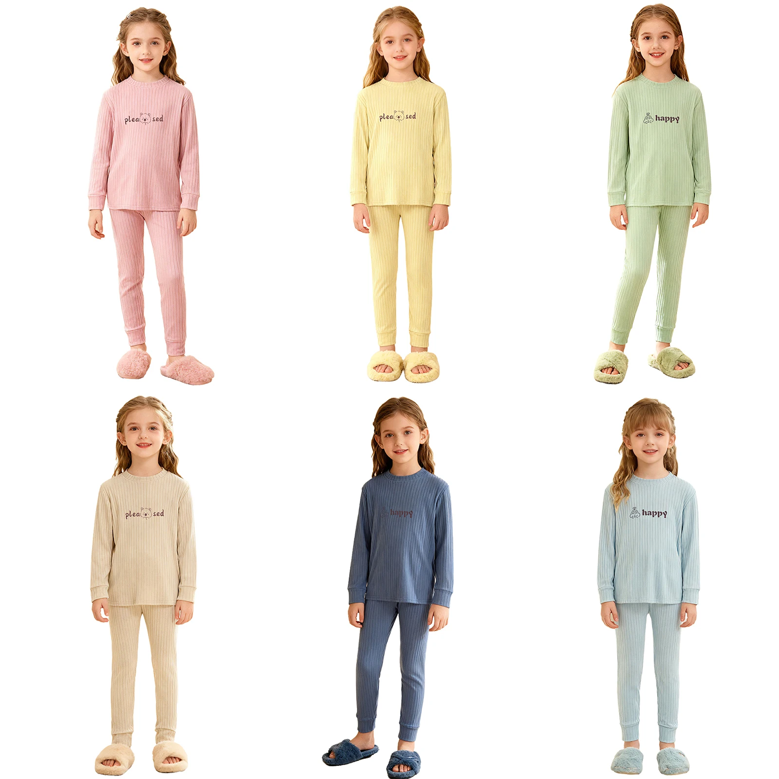 Set di biancheria intima termica a costine da 2 pezzi per ragazze, abbigliamento per la casa, pigiama, pigiama, pullover a maniche lunghe, top + pantaloni, per i giorni scolastici a casa