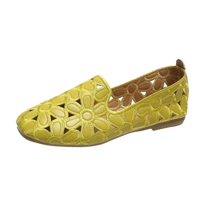 Women Shoes 2024 Square Toe Yellow Loafers Hollow Out Flat Ladies Shoes Female Soft Lether Flats Big Size 42 Embroidery Loafers