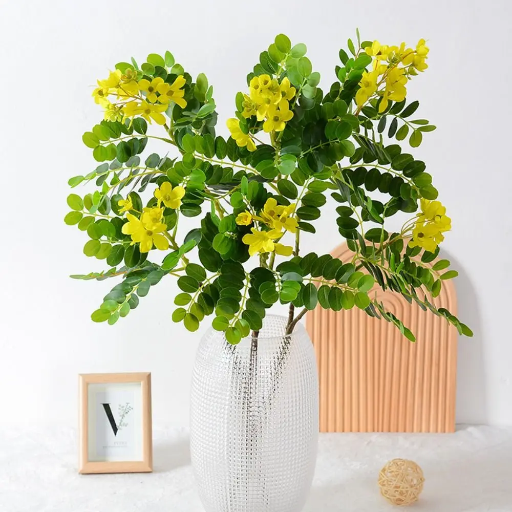 Plastic Artificial Locust Tree Branch Handmade with Green Leaves Simulated Yellow Locust Flowers Elegant Realistic Fake Flowers