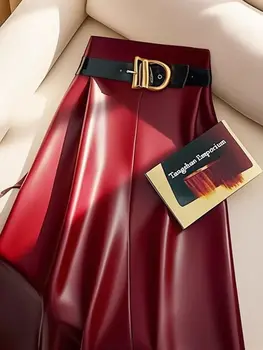 High end goddess style high-end red PU skirt for women 2024 new Leather midi skirt, mid length umbrella skirt 6