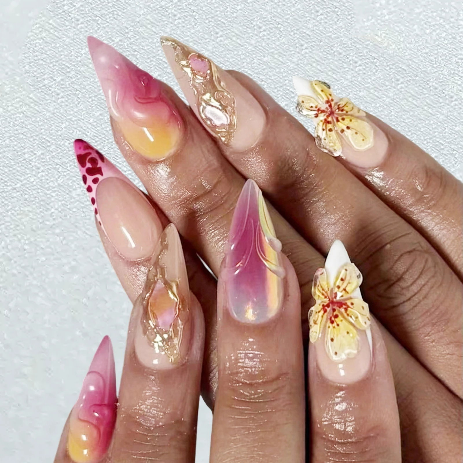 24Pcs Almond Press on Nails 3D Floral Leopard Pattern Fake Long Nail Tips Full Cover for Women