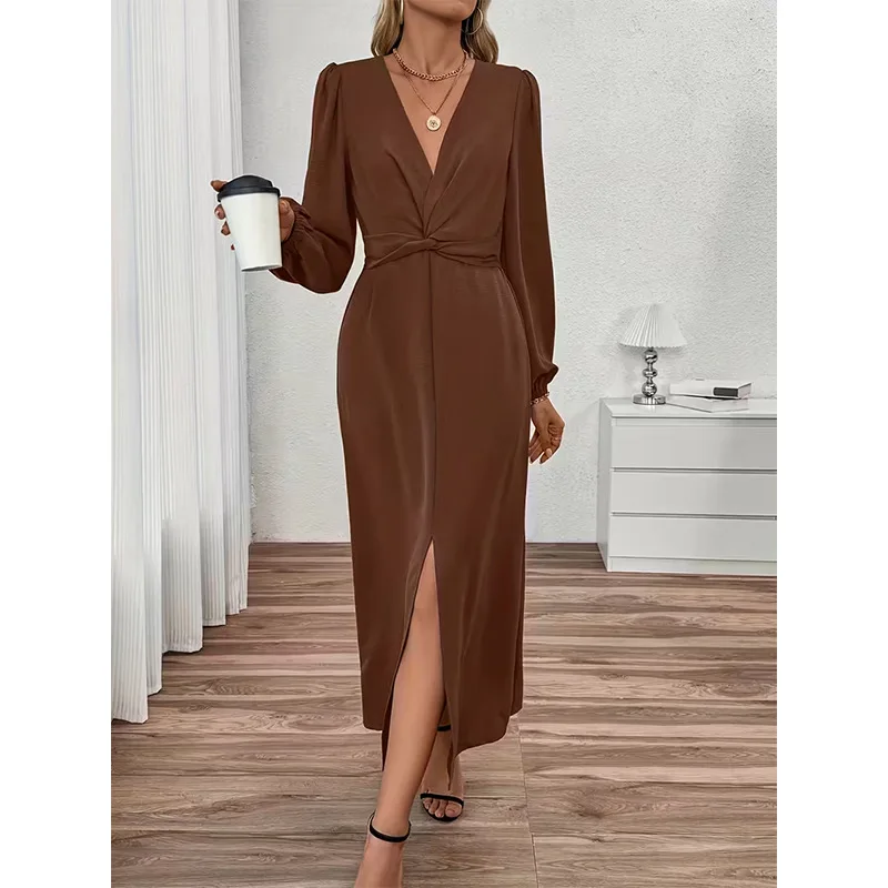 

Women's Elegant V Neck Lantern Sleeve High Waist Split Solid Color A Line Long Maxi Dress Vintage Fashion