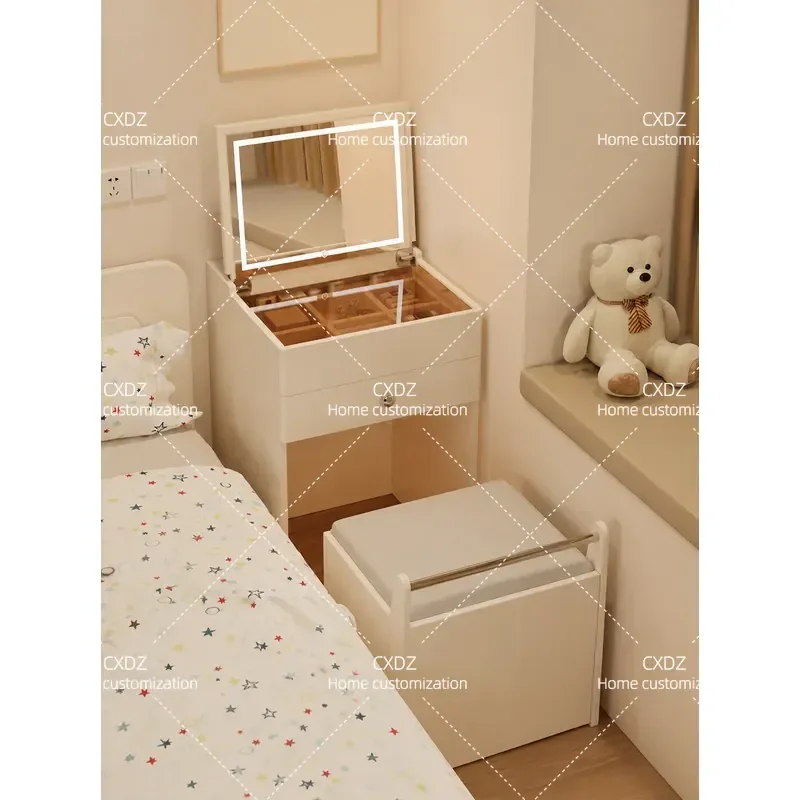 Light Luxury Bedside Small Dresser with Socket Cream Mirror Foldable Makeup Table Two in One