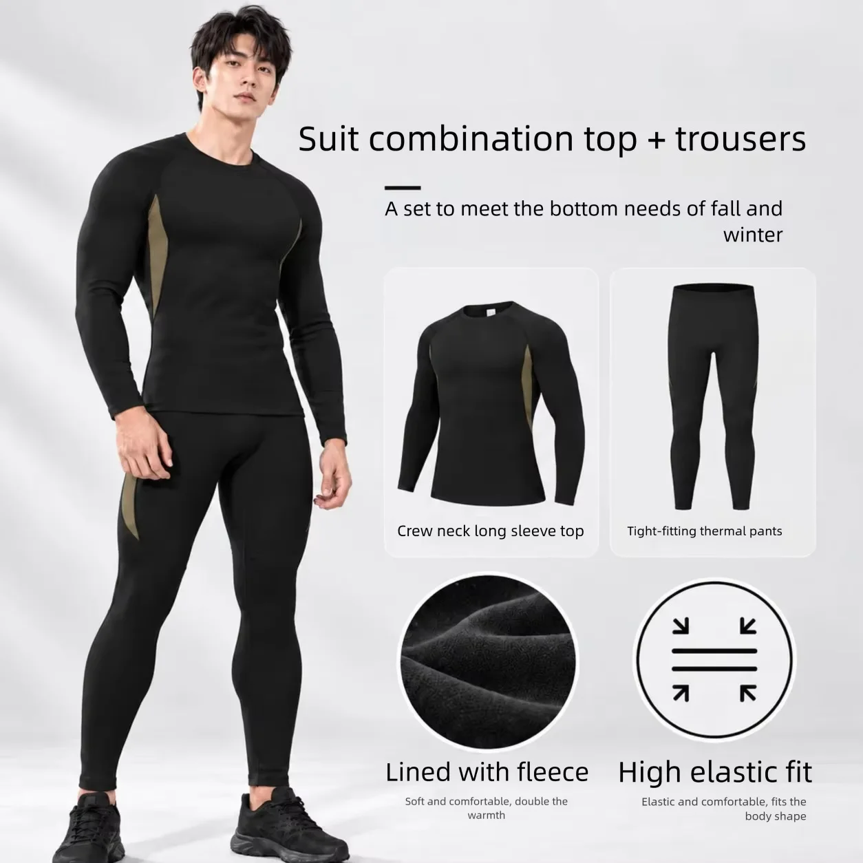 Men's Fleece Thermal Base Layer Set, Crew Neck Long Johns, Warm Tights for Mountaineering Cycling Fitness Outdoor Sports