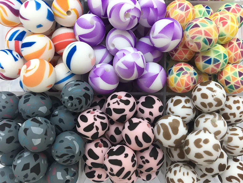 Round Silicone Beads 15mm Multi-color Printed Leopard Silicone Beads for Jewelry Making DIY Pacifier Clip Chain BPA Free