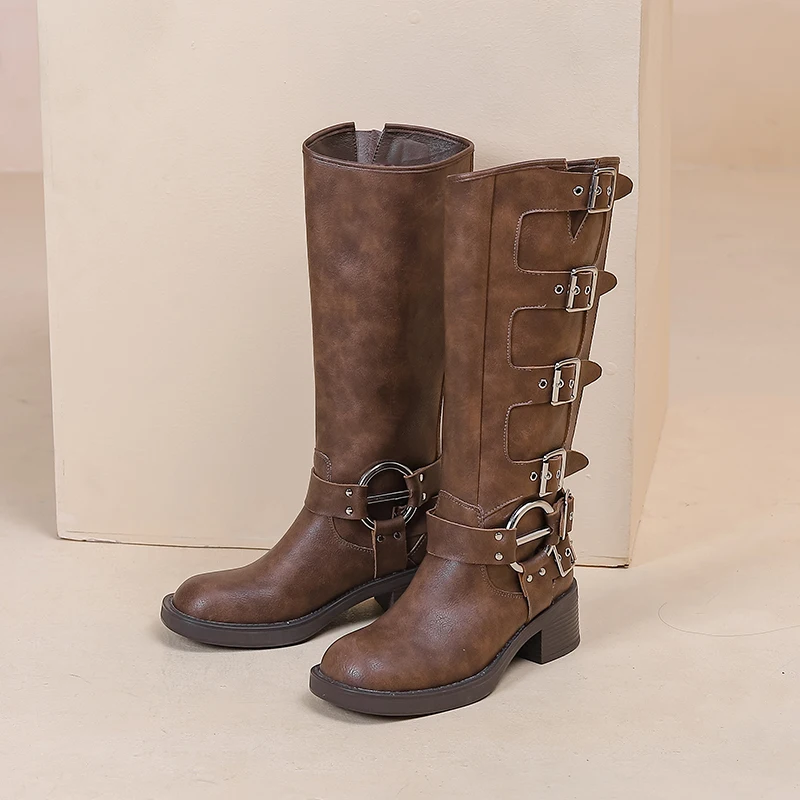 AIYUQI-botas vaqueras con hebilla de cinturón para mujer, botines largos de estilo británico Marton, talla grande 41 42 43, Otoño, 2024