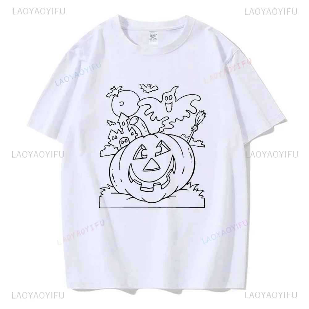 Happy Halloween Pompoen Schedel Losse Korte Mouw T-Shirt Neutrale Trend Harajuku Korte Mouw Unisex Shirt Patroon Groot T-Shirt