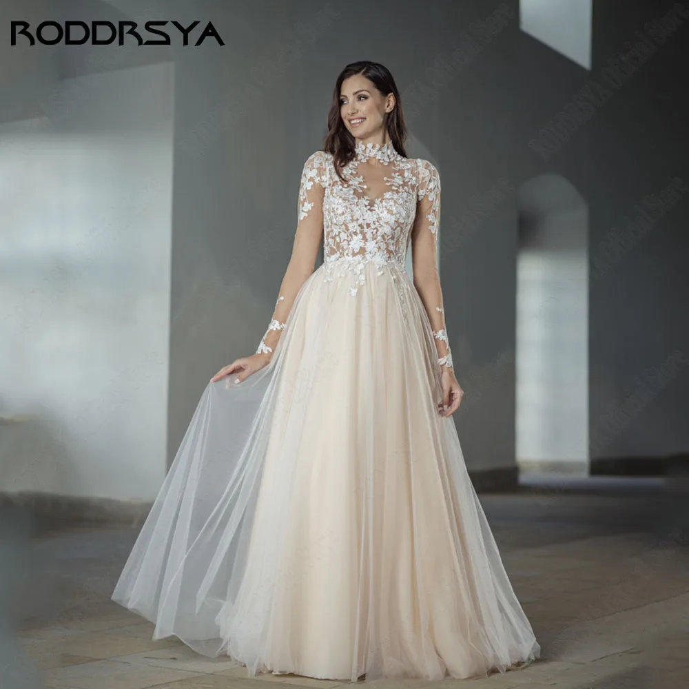 Rodrsya élégant Champagne clair robe de mariée a - ligne col roulé manches longues personRODDRSYA-Robe de mariée élégante couleur champagne clair, coupe trapèze, col haut, manches longues, sur mesure, pour les patients