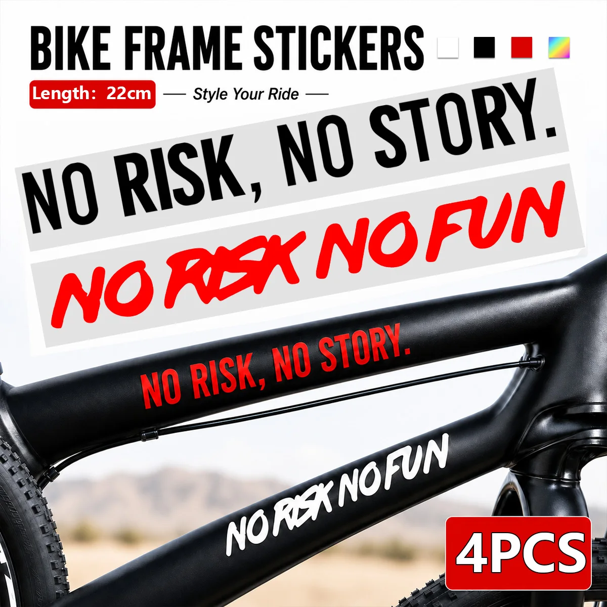 4 Stück 'NO RISK NO FUN' Fahrradrahmen-Aufkleber, Englische Schriftzüge, Vinyl-Dekor für Oberrohr, DIY Fahrrad-Zubehör
