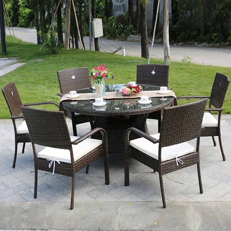 Vine chair, one table, six chairs, round table, rattan woven table and chair combination,  rattan resistant table and chair