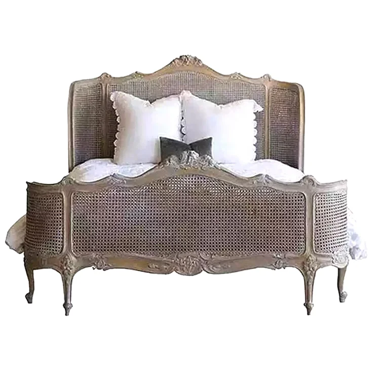 

sg-French-Style Carved Solid Wood Queen-Size Double Bed 1.8 Meters Vintage Distressed Luxurious Villa Weathered Rattan Soft Bed%