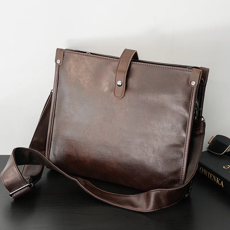 حقيبة كتف مربعة للرجال من جلد البولي يوريثان، متعددة الجيوب، سعة كبيرة لتخزين الكمبيوتر، حقيبة متقاطعة قطرية