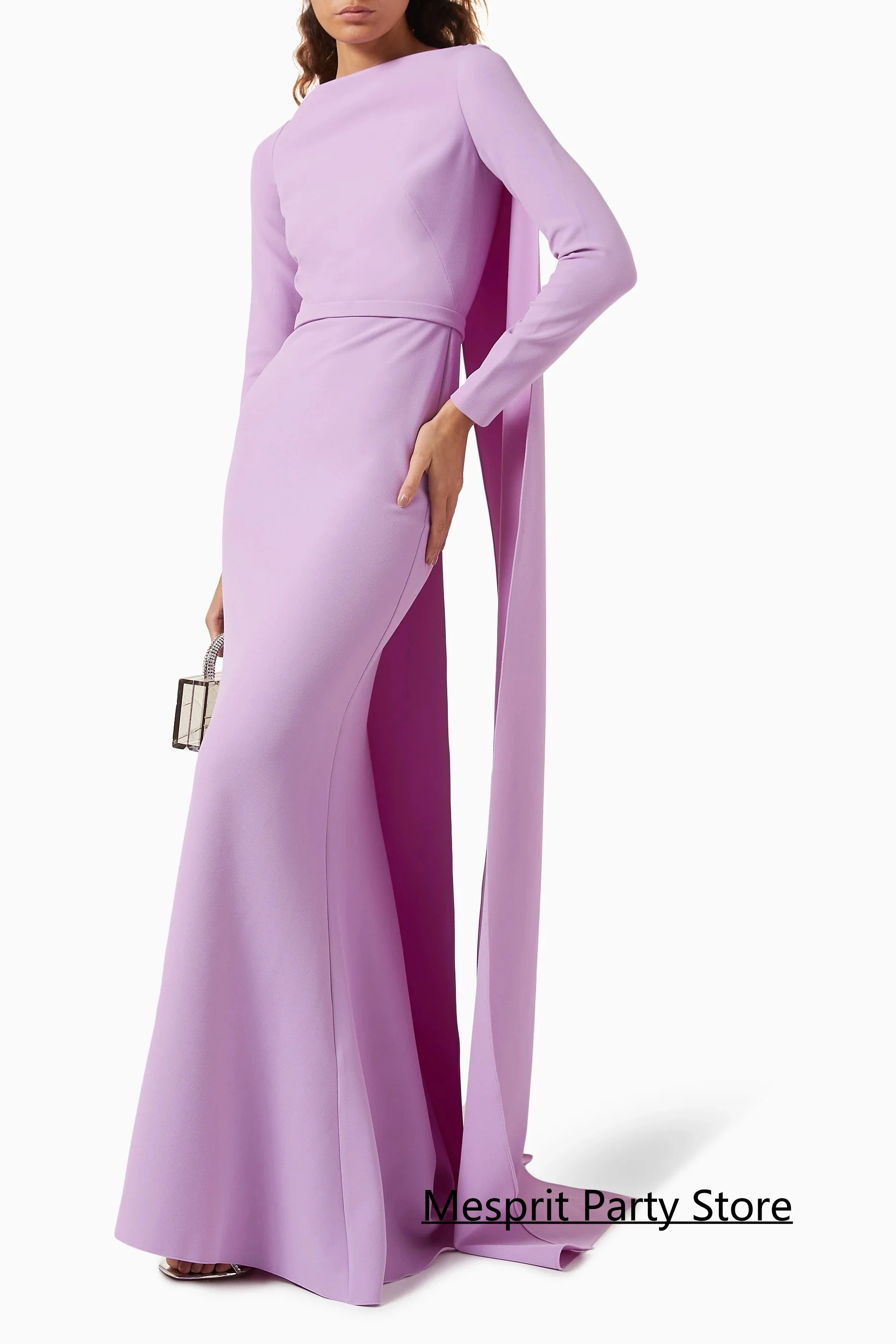 Simple Arab Evening Dress with Cape Customized Boat Neck Long Sleeves Mermaid Party Gown Woman Arabian Prom Dresses image 3