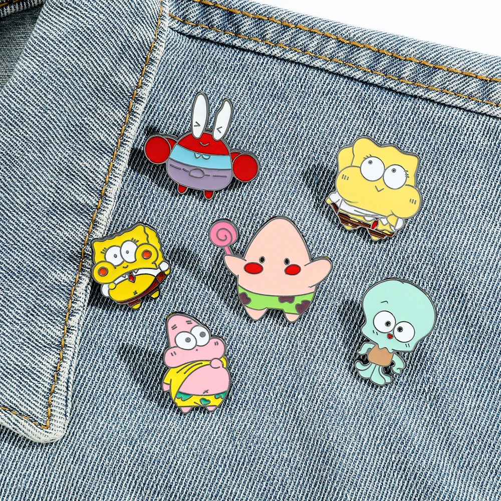 Spongebob Brooch Cute Cartoon Metal Anime Patricks Stars Garys Decoration Jewelry Kids Girls Coat Enamel Lapel Pin Badges Gift