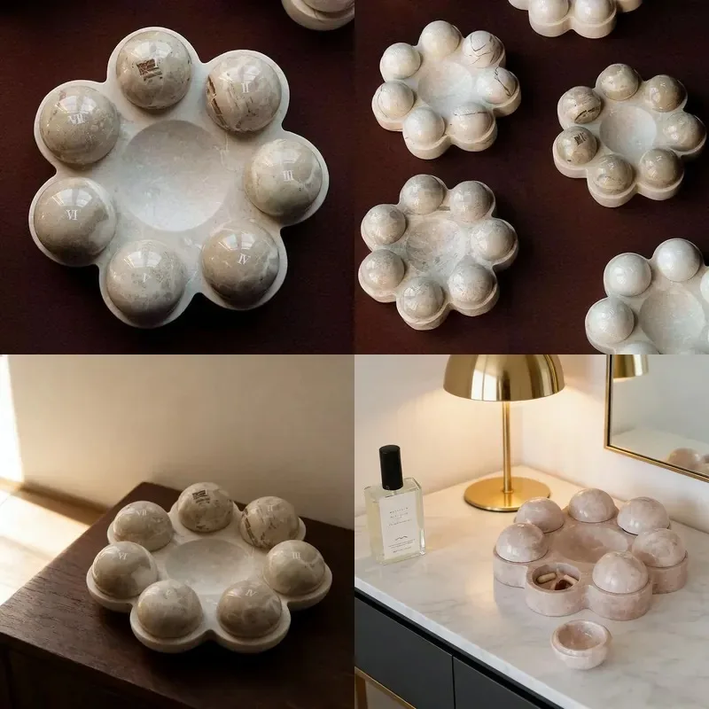 Modern Polished Beige Natural Marble Flower Tray Jewelry Storage Box Removable Spherical Jar for Living Room Bedroom Decor