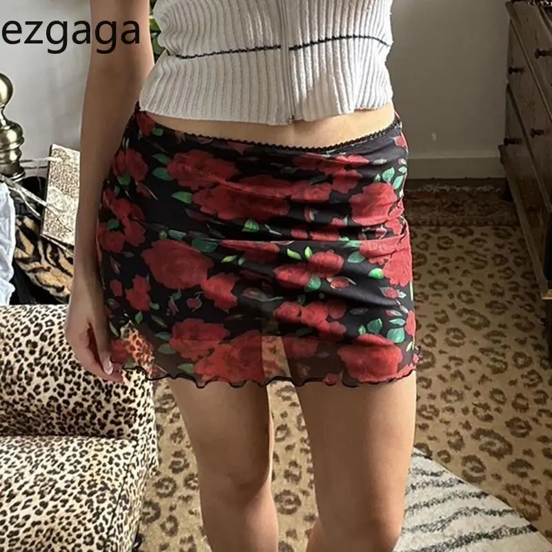 

Ezgaga Vintage Skirts Women Sexy Rose Flowers Printed Mesh Patchwork Slim Elegant Fashion Mini Skirt Ladies Casual Party Club