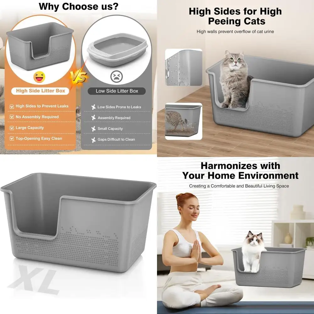 

Очень большой высокосторонний ящик для кошачьего туалета, 24,8 л x 11,4 В x 13 часов, идеально подходит для больших кошек, простая сборка, серый