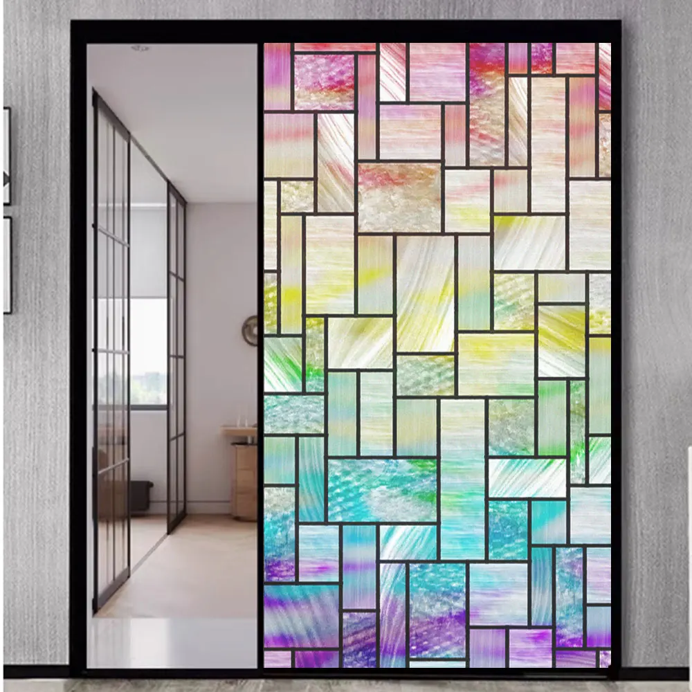 Anti UV Privacy Glass Window Frosted Film Church Style Colored Lattice Pattern Glue-Free Static Cling Glass Door Sticker