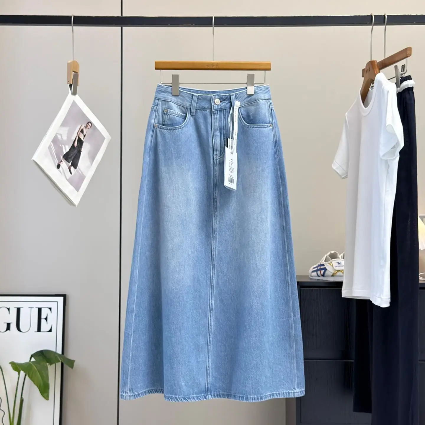 Retro High Waist Drape Slimming Hanflax Cotton Lyocell A-Line Denim Skirt Midi Length Half Body Skirt for Women
