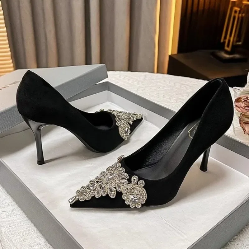 Autumn Fashion Women Shoes Velvet Thin Heel Pointed Toe Pumps Luxury Bling Sandals Wedding Party Glitter Diamonds High Heels