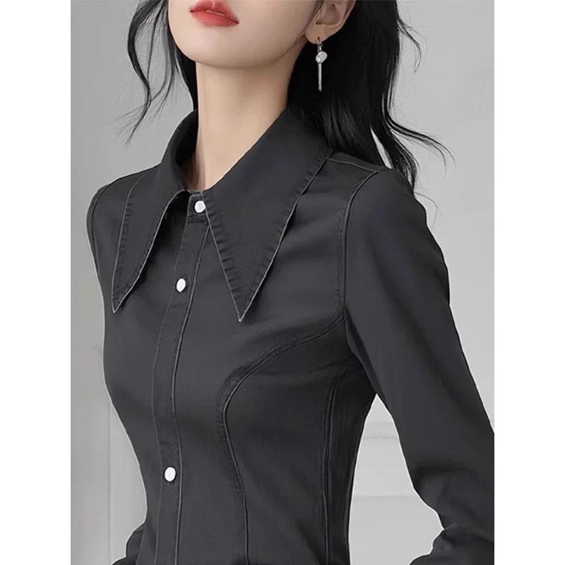 

Весенне-осенняя уникальная рубашка с лацканами на талии, женская высококачественная дизайнерская черная супер красивая рубашка с длинными рукавами