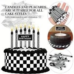 1/6/12/13pc Black and White Birthday Checkered Candles and Cake Topper Racing Cars Candles Sparkler Candles for Racing Car Party