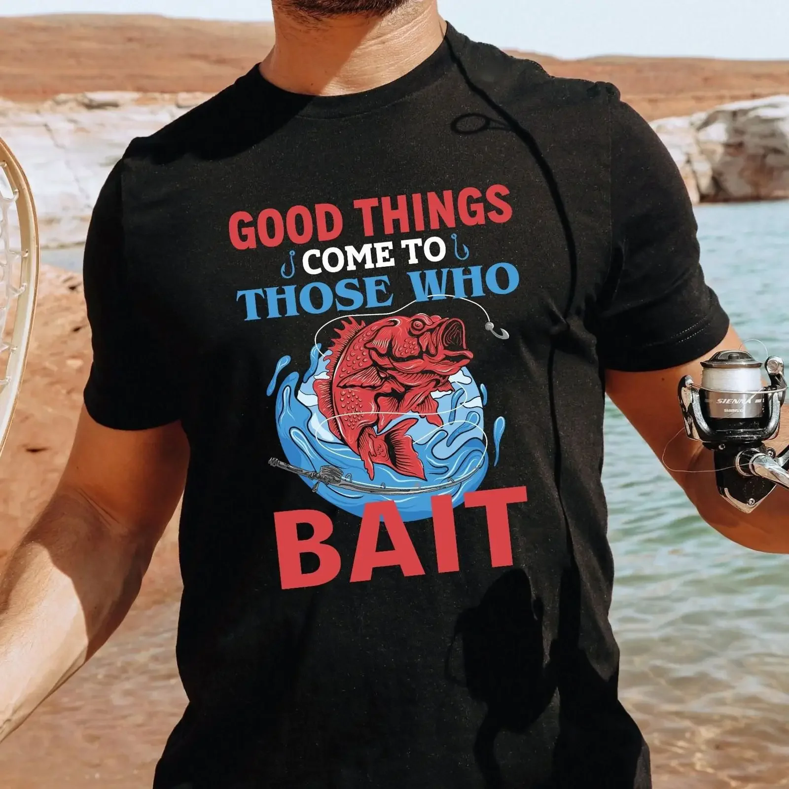 Good Things Come To Those Who Bait Funny Fishing T Shirt Casual Fisherman Dad Outdoor Angling  Top vintage Washed Soft