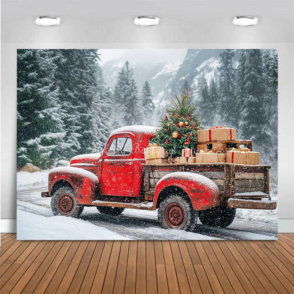 Christmas Red Truck Photo Background Winter Snow Xmas Tree and Gifts Photography Backdrop Kids Portrait Photo Studio Props