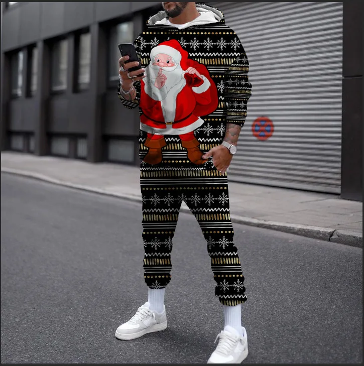 Merry Christmas Hoodie Suit New Autumn 3D Printing Sportswear 2Pcs Set Men Oversize Pullover Men\'s Fashion Kids Casual Suits