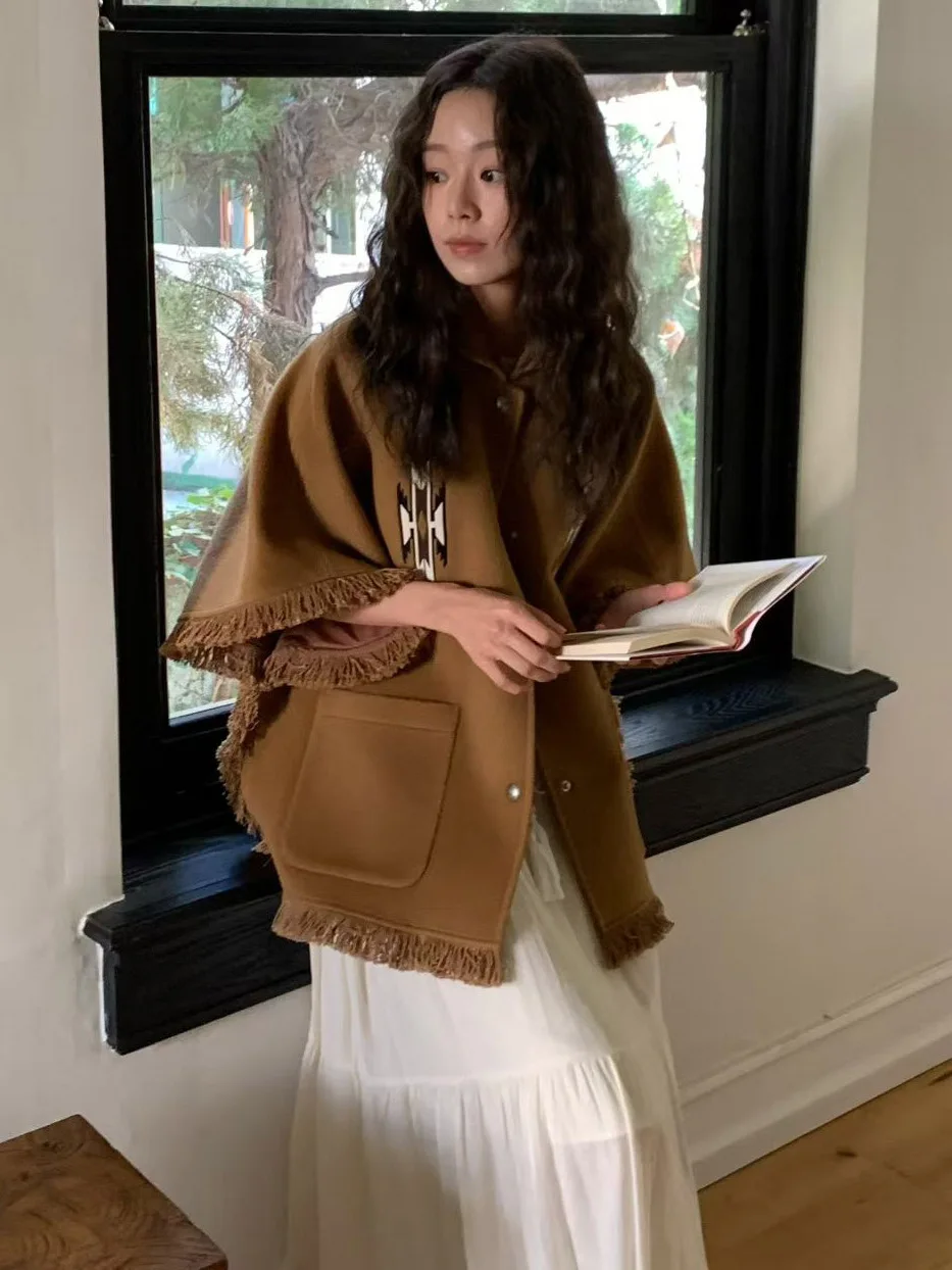 

Пальто женское шерстяное East Gate Faion Design с воротником-хомутом, свободного кроя, с бахромой, в корейском стиле, для повседневной носки, теплое, большого размера