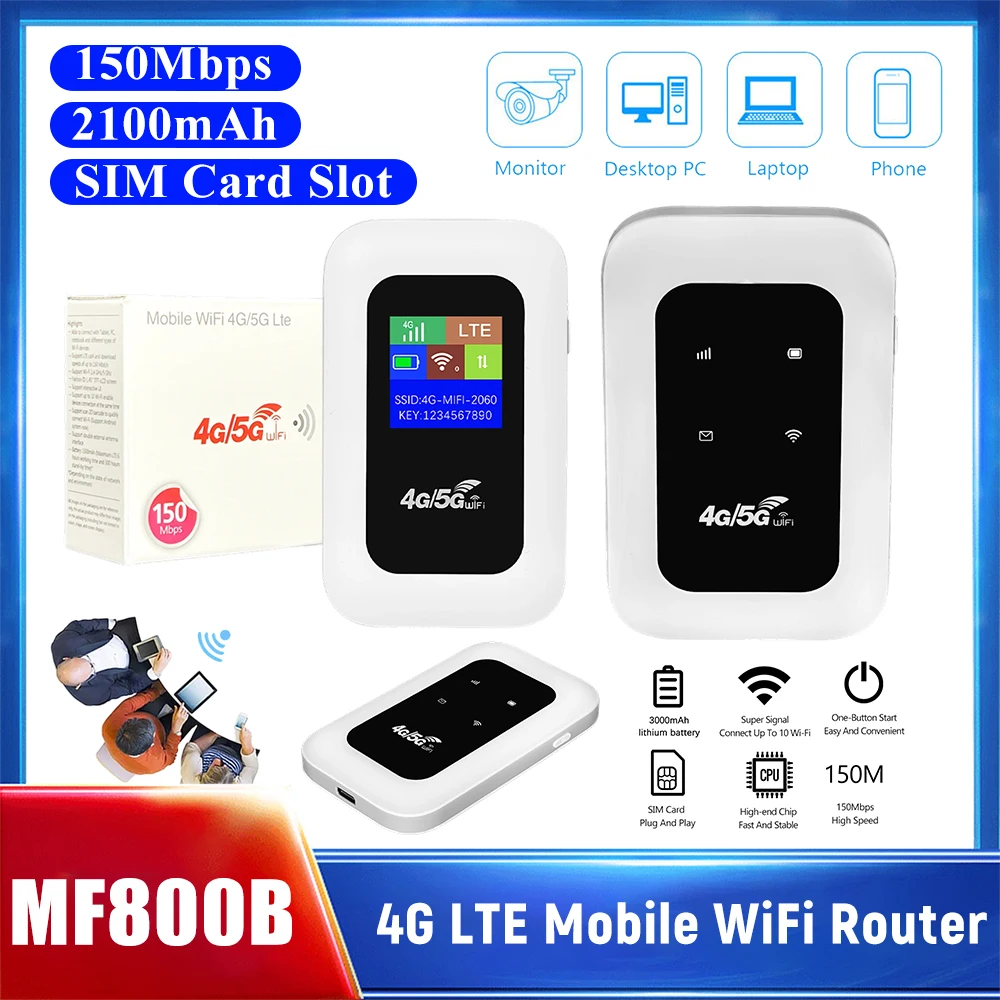 

MF800B 4G LTE Mobile WiFi Router With SIM Card Slot 150Mbps Mini Outdoor Hotspot 2100mAh Wireless Wi-Fi Modem For Home Office