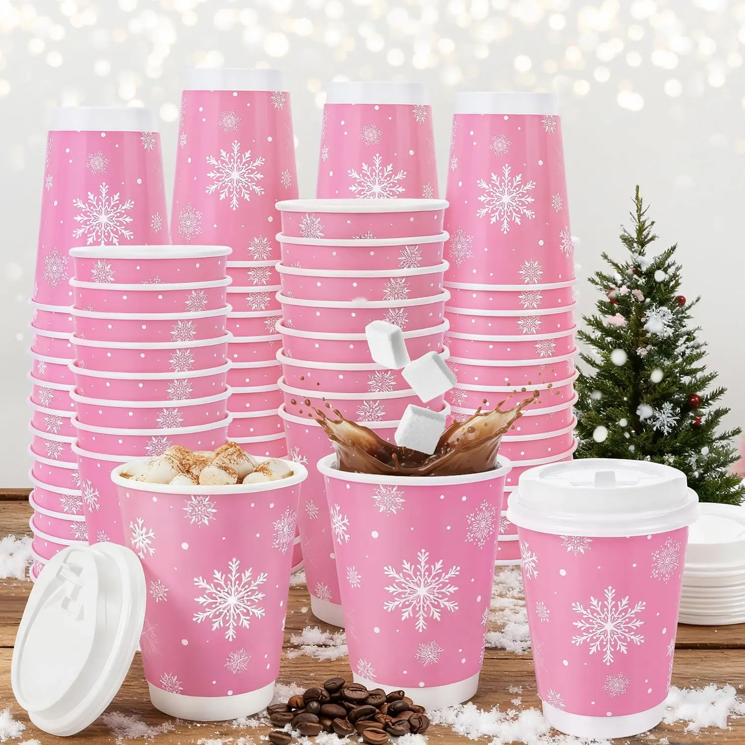 

100 Pcs 12 Oz Pink Christmas Coffee Cups with Lids Snowflake Winter Wonderland Disposable Cups Insulated Paper Cups Togo