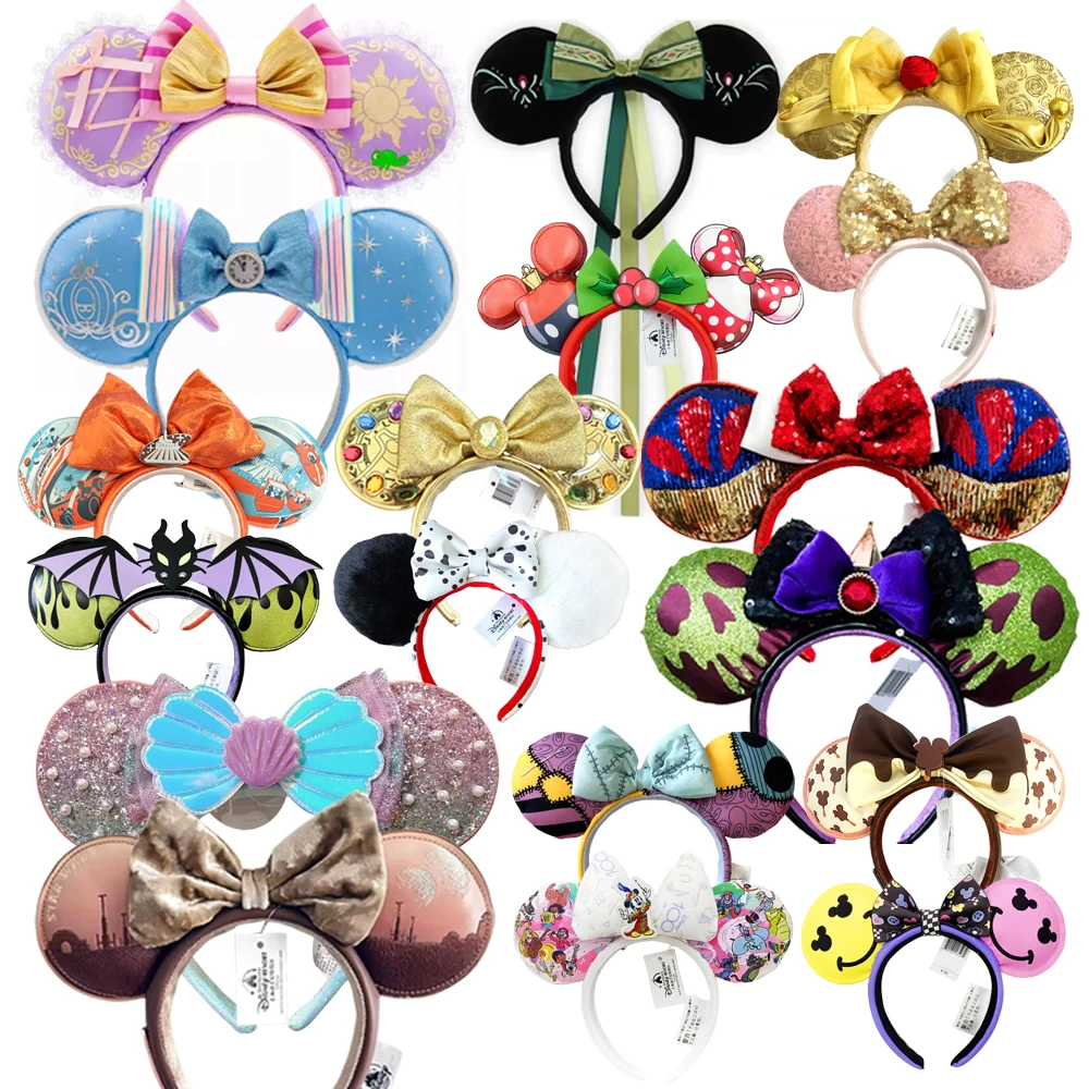 Diadema de princesa Mickey Mouse de Disney, oreja de Mickey, Rapunzel, Blancanieves, lazo de lentejuelas, aro para el pelo, regalo para niña, accesorios, regalo de Navidad