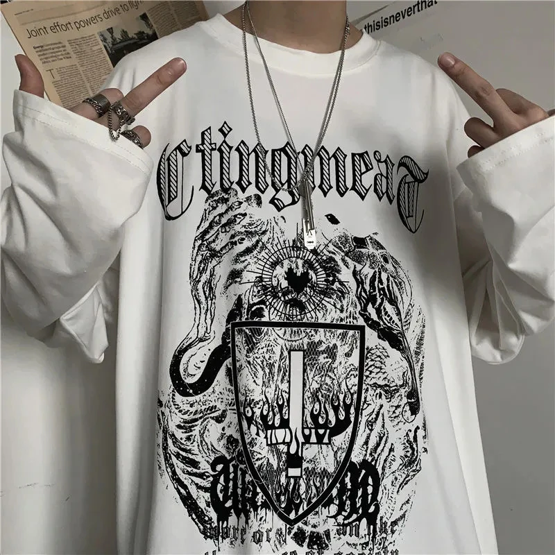 Printed long-sleeved oversize t-shirt men\'s and women\'s t-shirt street hip-hop print fall couple trends y2k Goth Woman clothes