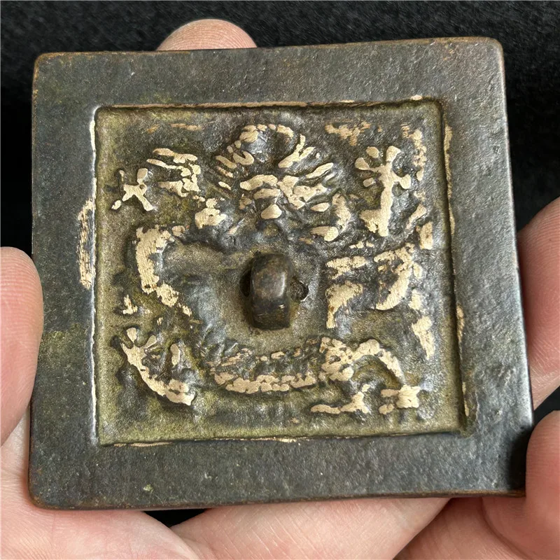 Bronze Crafts of the Han Dynasty Exquisite Green Rust Gilded Bronze Mirror Flying Dragon Square Mirror Rich and Rich