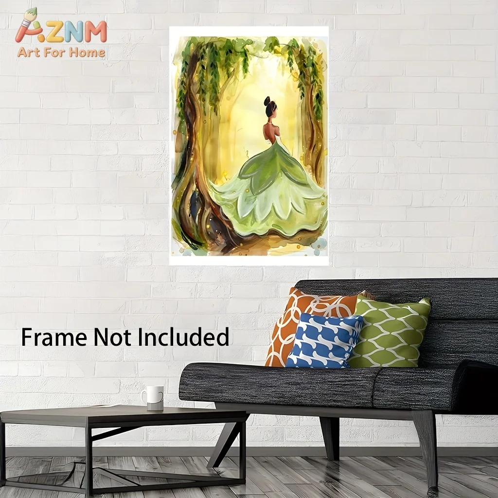 AZNM Disney Princesa y el Sapo Tiana, Arte de Lienzo sin Marco con Impresión Plana 2D de Hoja de Loto y Bosque en Acuarela, Arte de Pared para Niños