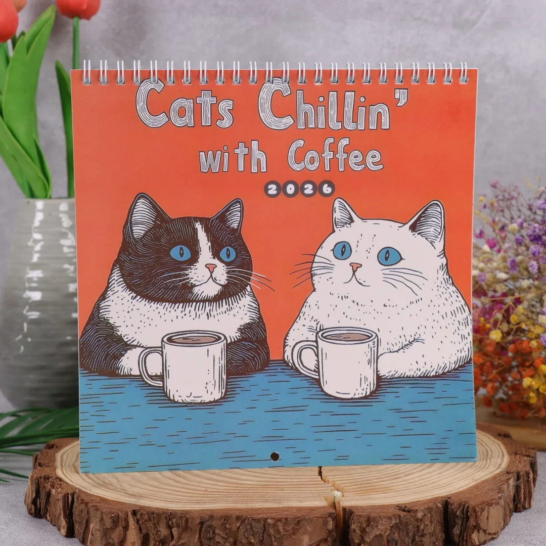 

2026 Cat Calendar - Cats Chillin' With Coffee 2026 Cats and Coffee Casual Calendar Black and White Cat Desktop Calendar