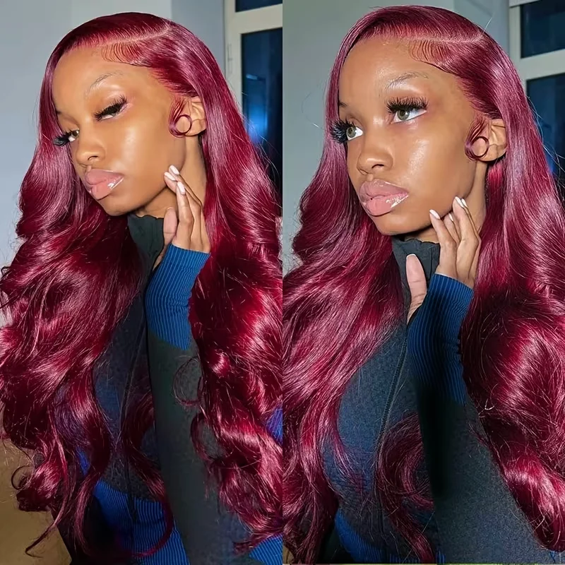 

Парик с кружевной передней частью 99J Burgundy, 13x6, с эффектом Body Wave, для женщин, прозрачный кружевной фронтальный парик из натуральных волос, предварительно выщипанный, 99J красный цвет, 13x4