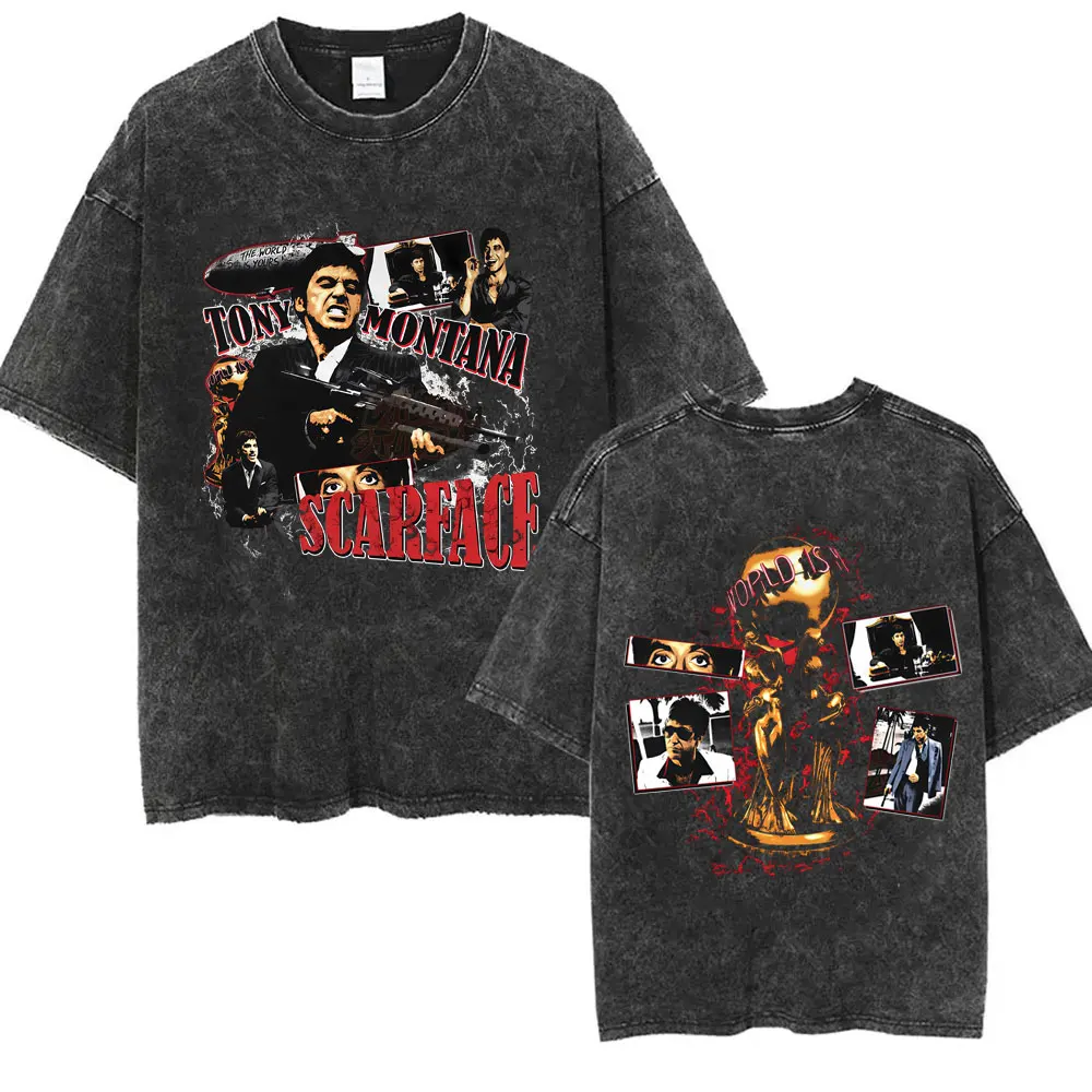 90s Classic Gangsters Movie The World Is Your Tony Montana Scarface Washed Vintage T-shirt Al Pacino T-shirs Men Retro T Shirts