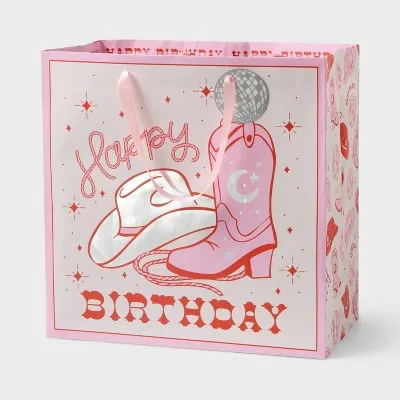 Bolsa de Regalo Cuadrada Grande 'Feliz Cumpleaños' Estilo Cowgirl con Etiqueta Metalizada Blanca/Rosa para Regalos, Fiestas y Celebraciones
