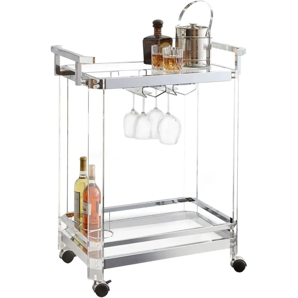 Stylish Silver Kitchen Server Cart with Tempered Glass Shelves, 4 Casters, and Wine Bottle Holder, 28L x 17W x 35H