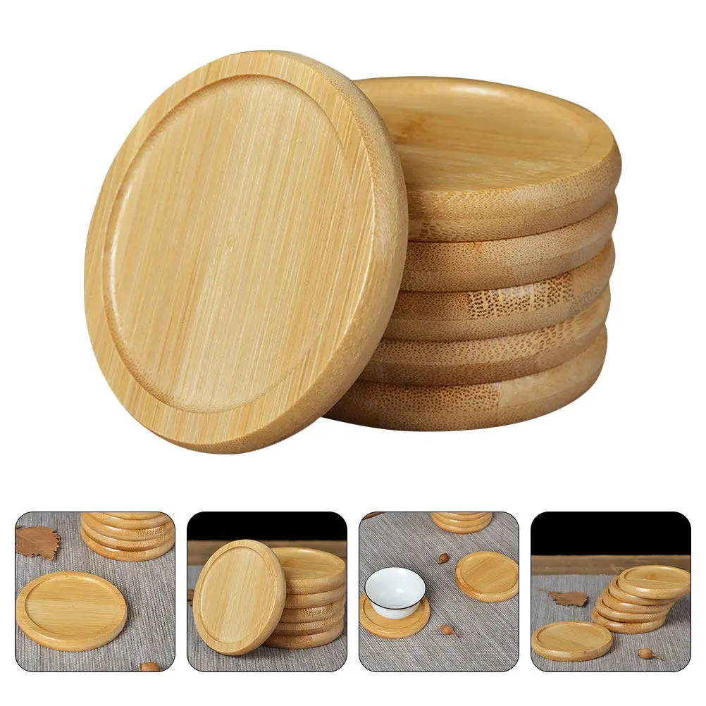 6pcs Bamboo round Coasters Non-Slip Tea Cup Mats Heat Insulated Mug Pads for Desktop Plants Saucers Kitchen Bar Home Decor