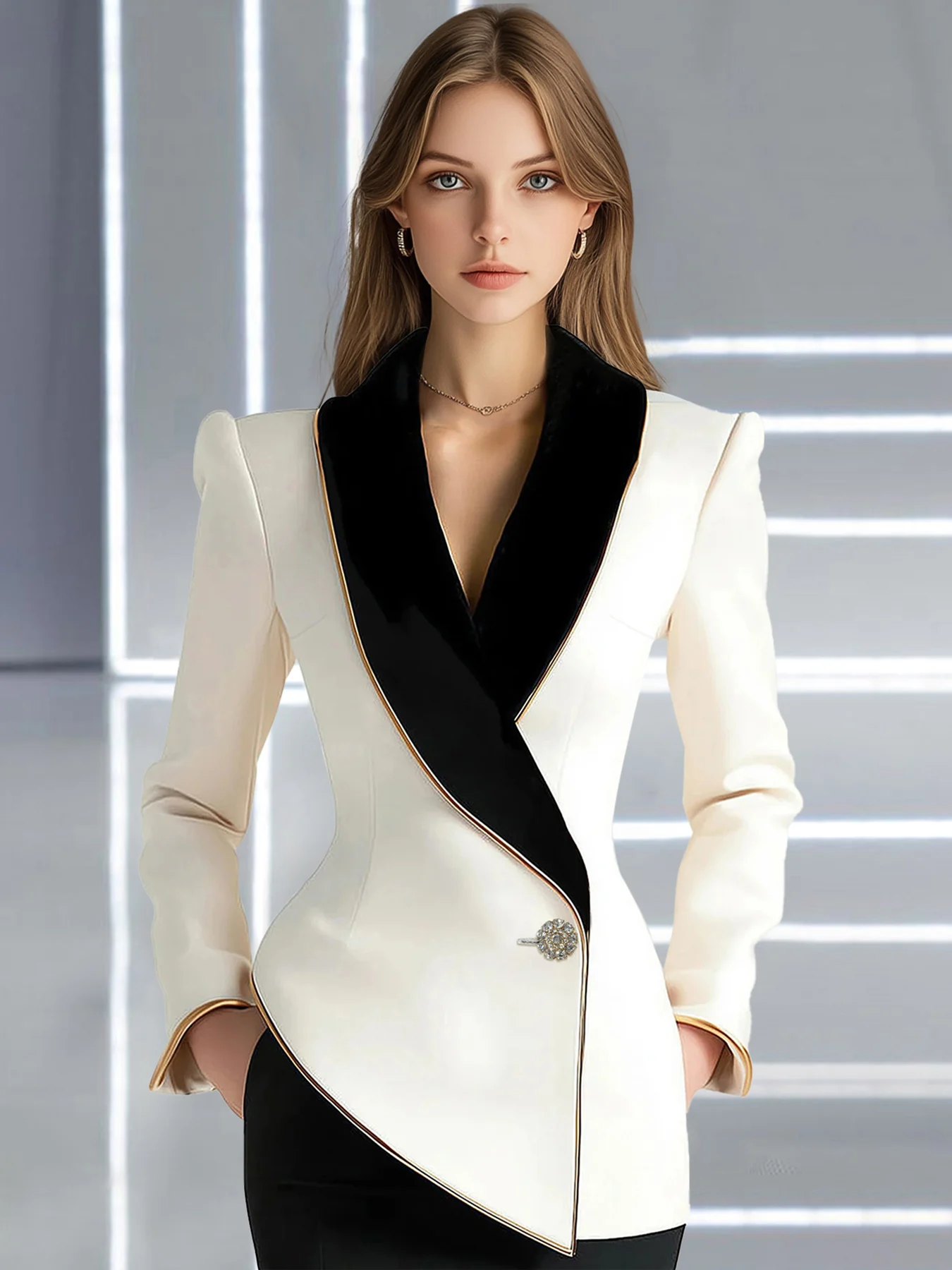 

Women Blazer Jacket Elegant Asymmetrical White Blazer with Black Contrast Lapels Long Sleeves Slim Blazers Women's Outerwear