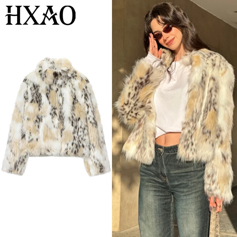 

HXAO Leopard Cropped Jacket Women's Fur Coat Autumn Winter Plush Long Sleeve Tops Fluffy New In Coats & Jackets Hairy Outerwears