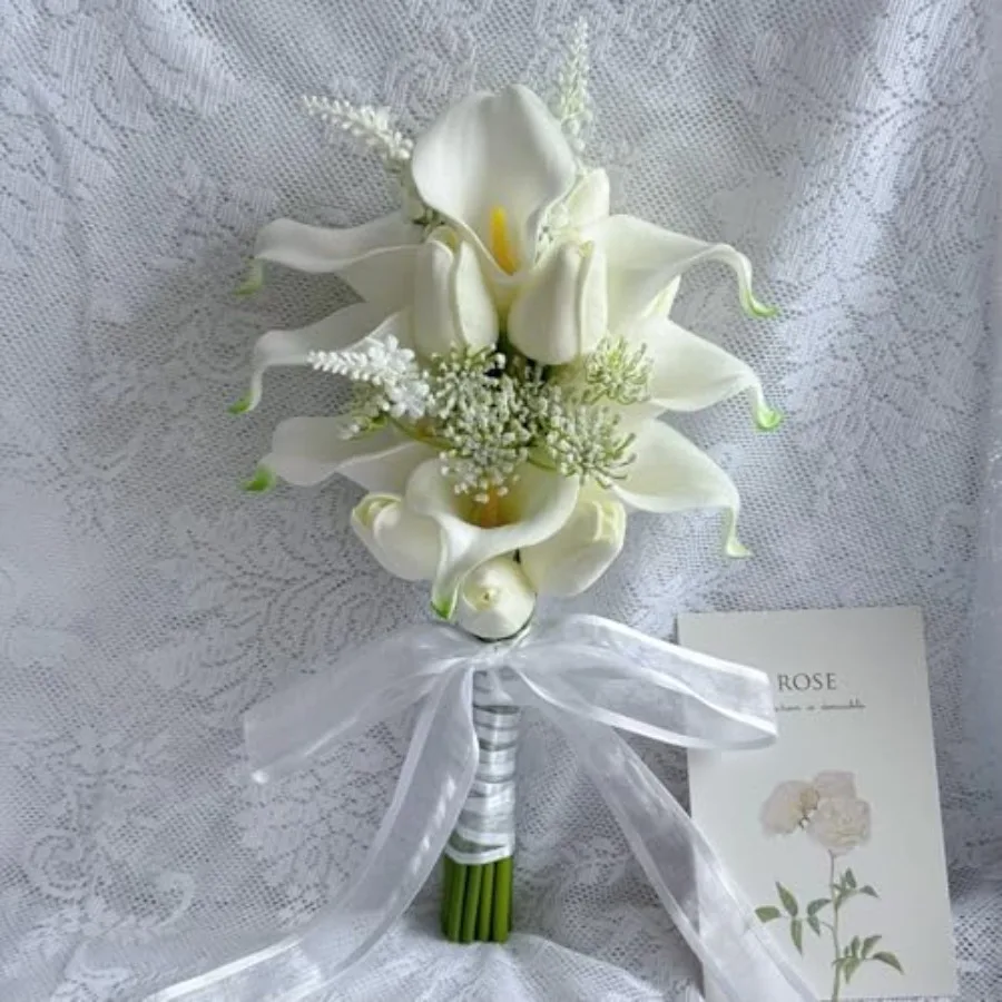 Floral Bouquet 10 Artificial Calla Lilies with 8 Artificial Tulip Flowers, Bridesmaid Bouquet with Wedding Ceremony Festivals A