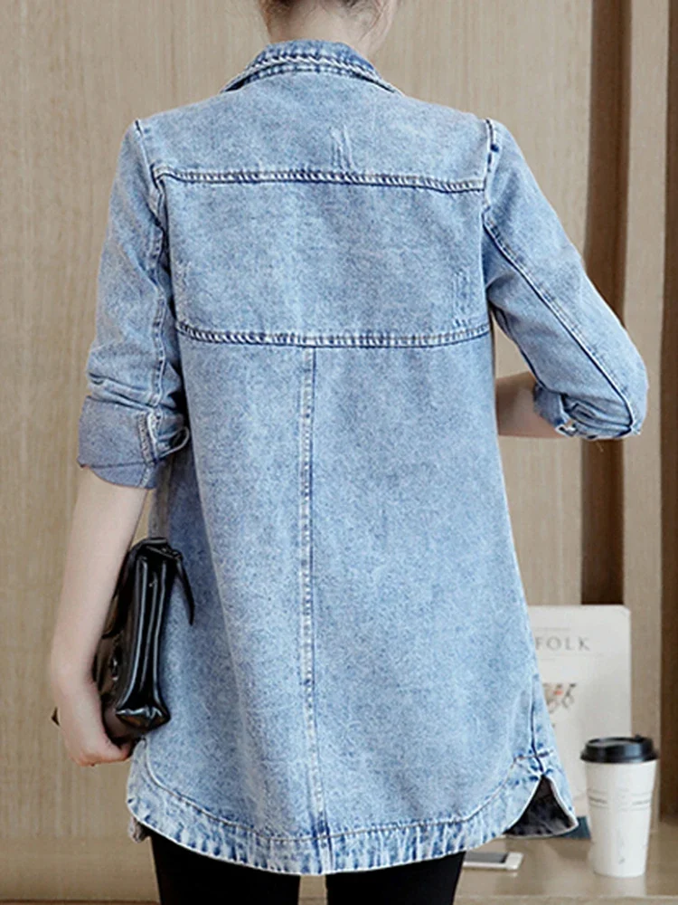 Autumn Women Denim Jacket Fashion Ripped Female Jean Long Coat Koran Cotton Slim Long Sleeve Blue Outwear 5XL