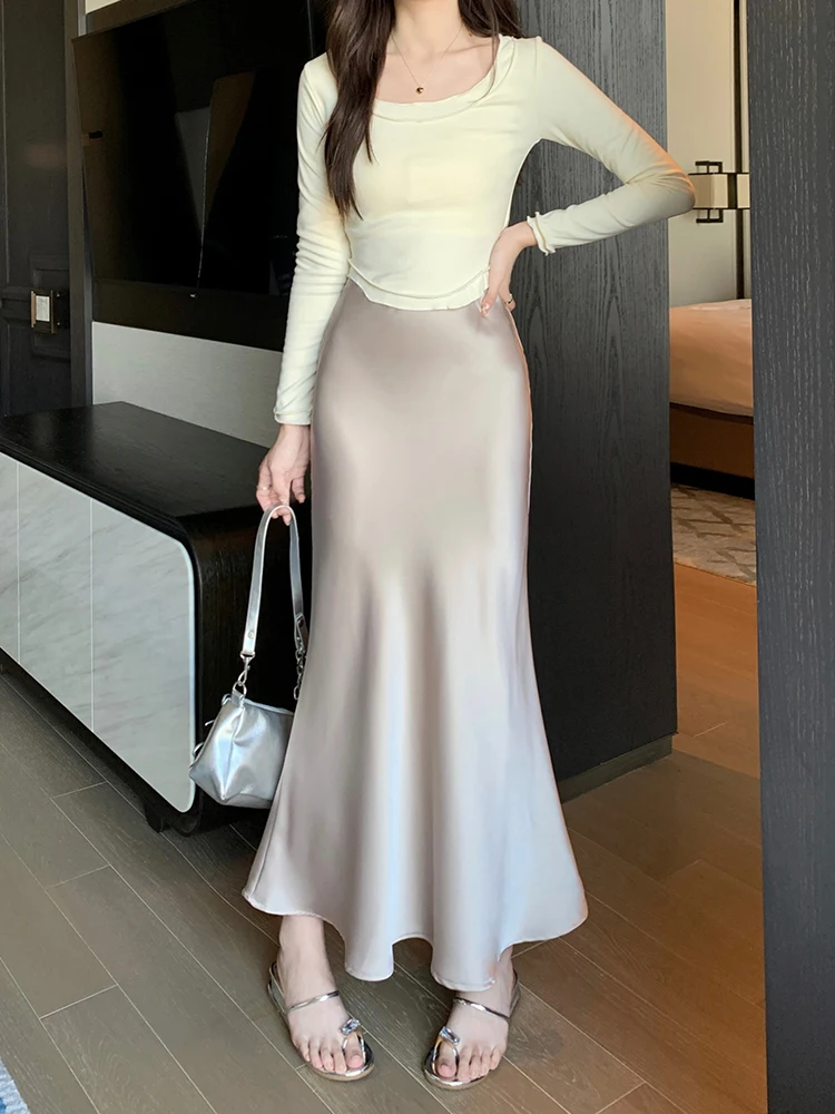 Purple Acetate Satin Skirt Women's Fishtail Skirt Early Autumn High-Grade Sheath Long dress High Waist Slimming A Word Skirt