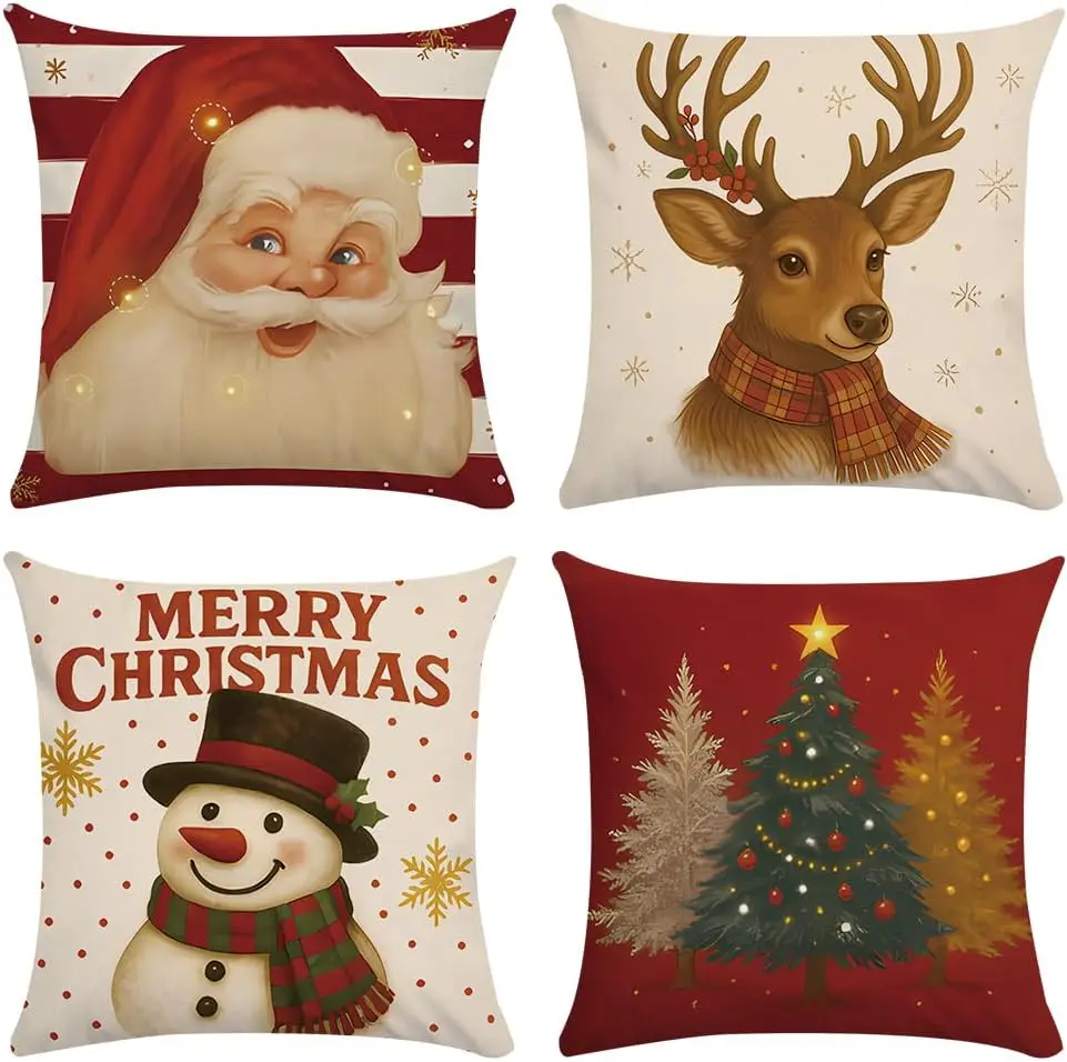 

4 шт. рождественские наволочки со снеговиком, красные полосы, снежинка, сосна, олень, принт Санта-Клауса, стильный диван в фермерском доме, домашний уличный декор