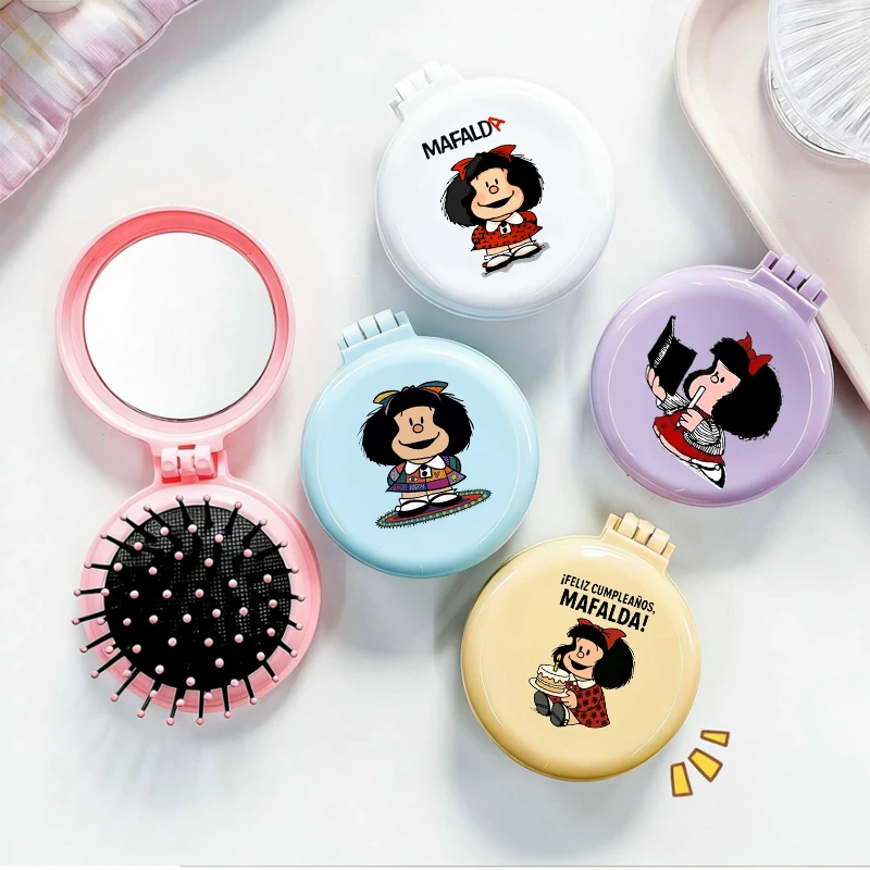 

MAFALDA Mini Portable Folding Travel Hair Brush with Mirror for Women cartoon Kawaii Mirror for Outdoor Girls Toy Birthday Gift